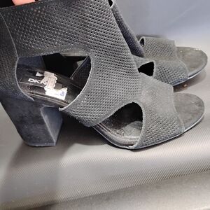 DKNY Black Suede Perforated Block Heel Sandals